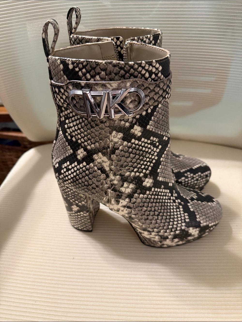 Michael Kors Snake-Print Platform Ankle Boots in Black and Gray